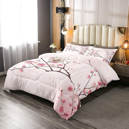 Erosebridal Cherry Blossoms Comforter Set King, Girl Pink Floral Down Comforter, Japanese Spring Bedding Set, Pale Pink Blossom Petal Quilted Duvet,Branch Floral Duvet Set for Women men,Girly Romantic