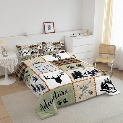 Camper Adventure Kids Comforter Set Twin Size,Deer Antlers Bear Paws Farmhouse Bedding Set for Boys Girls Adults Room Decor,Arrows Plaids Patchwork Down Comforter,Rustic Duvet Insert,1 Pillowcase