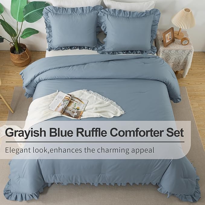 Andency Grayish Blue Queen Comforter Set(90x90Inch), 3 Pcs(1 Ruffle Comforter and 2 Pillowcases) Solid Bedding Comforter Sets for Queen Bed, Lightweight and Fluffy Soft Microfiber Bedding Set