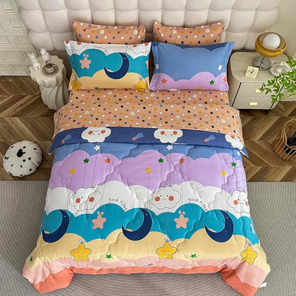 Kids Moon Stars Cloud Comforter Set Twin size - 7 Piece Rainbow Kawaii Bedding Set Bed in A Bag for Girls Boys Teens - Goodnight Moon Neutral Soft Comfortable Machine Washable Bed Set