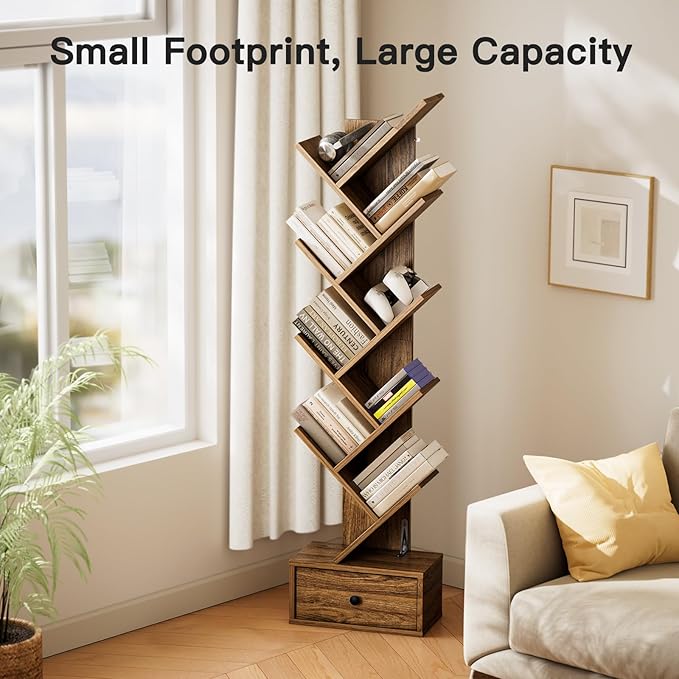 Pipishell Bookshelf with Drawer, 8-Tier Vertical Tree Bookshelf, Modern Bookcase, Modern Book Storage, Book Shelf Organizer for Living Room, Bedroom, Home Office, Rustic Brown, PIBS03WN