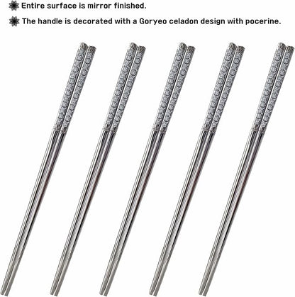 Chopsticks [Made in Korea][5 Sets] 430 Premium Stainless Steel Chopsticks, Mukbang Kitchen Utensil, Cutlery Silverware Stainless Tableware (Goryeo Celadon White)