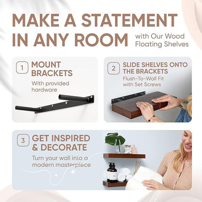 Homeforia Walnut 12 inch Floating Shelf, High End Solid Real Wood Small 12inch Floating Shelves for Wall Mounted, Dark Brown 12in Floating Shelves, Heavy Duty Bracket, 12 X 6.5 X 1.75 inches, Set of 2