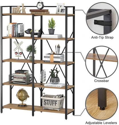 BON AUGURE Industrial Bookshelves and Bookcases, 5 Tier Heavy Duty Etagere Shelving Unit, Farmhouse Rustic Wood Metal Book Shelves for Office, Living Room and Bedroom (Vintage Oak, 43.31 inch Wide)