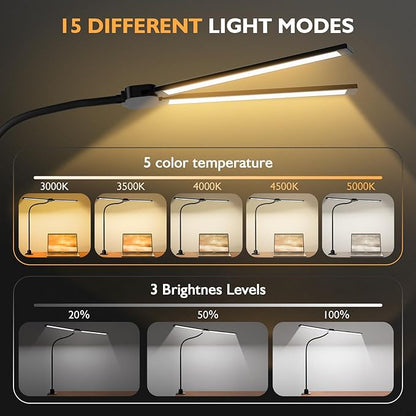 Desk Lamp,20W Ultra Bright Auto Dimming Desk Light Stepless Dimming and Tempering LED Desk Lamp,Dual Screen Computer Monitor Gooseneck Smart Light,5 adjustable lighting modes for Office Home