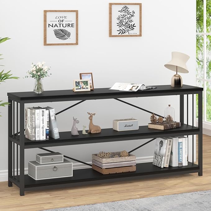 IBF 63" Black Low Horizontal Bookcase, Modern Long Wood Metal 3 Tier Book Shelf, Farmhouse Vintage Big open sturdy Bookshelf, Simple Large Wide Etagere for home living room office bedroom, Black Oak