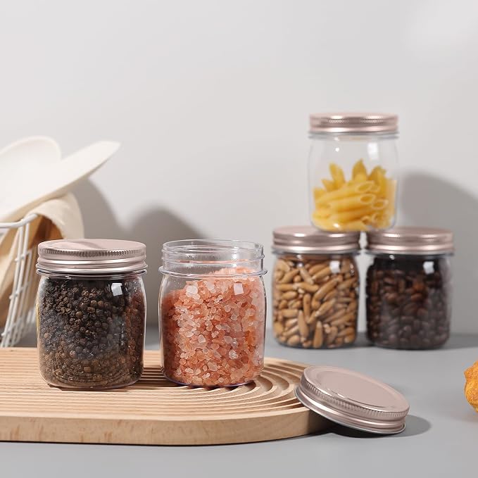 novelinks 8 oz Plastic Mason Jars and Clear Plastic Jars with Lids 8 oz | 32 Pack, Rose Gold, Plastic Containers with Lids, Small Mason Jars, Clear Jars Bulk, Spice Jars, Slime Jars, Mini Jars