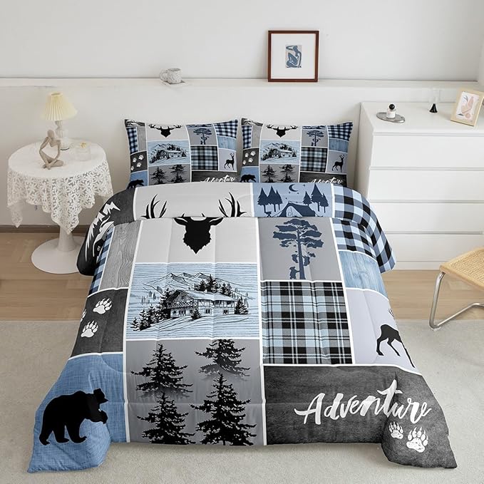Manfei Deer Antler Comforter Set Full Size,Bear Paws Rustic Farmhouse Xmas Bedding Set for Kids Boys Girls Adults Room Decor,Plaids Patchwork Adventure Down Comforter,Blue Duvet Insert,2 Pillowcases