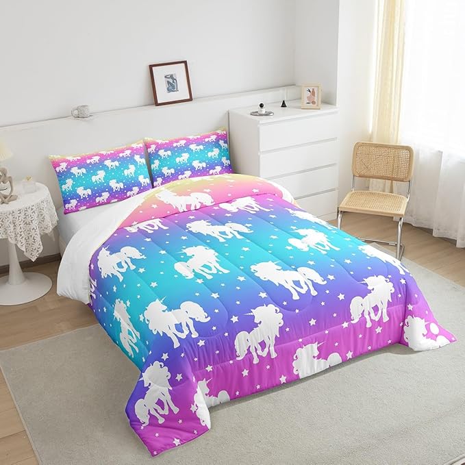 2 Piece Unicorn and Stars Bedding Set Twin Size,Tie Dye Pastel Comforter Sets Rainbow Printed Duvet Sets for Kids Girls Teens,Girly Sweet Colorful Down Comforter Bedroom Decor with 1 Pillow Case