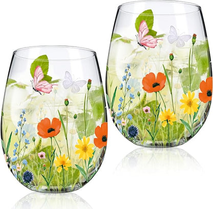 Sliner 2 Pack 17oz Wildflower Stemless Wine Glasses Floral Butterfly Drinking Glasses Spring Flowers Tumbler Cups for Graduation Wedding Mother's Day Birthday Drinking Party Favors