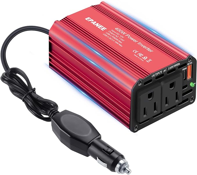 400W Power Inverter 12V DC to 110V AC, Car Charger Plug in Adapter Outlet with PD 65W USB-C&QC 18W Port, Portable Power Converters for Laptop Vehicles Camping Road Trip Essentials Adults