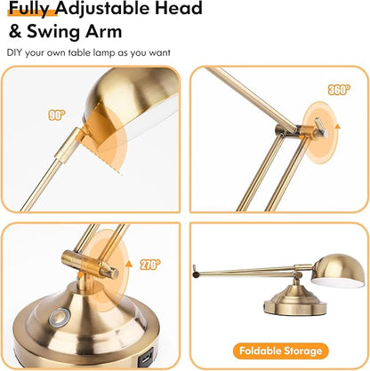 Architect Gold Desk Lamp Dimmable with USB Port, Adjustable Touch Control Vintage Desk Lamp 3 Color Modes, Brass Metal Desk Lamp Retro Style Reading Light for Home Office Desk Bedside Table