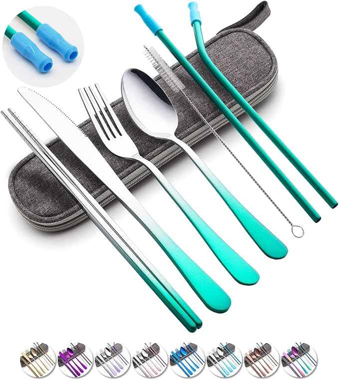 Travel Utensils Set with Case Reusable Portable Cutlery Set Stainless Steel 8pcs Including Dinner Knife Fork Spoon Chopsticks straws(Gradient Green)