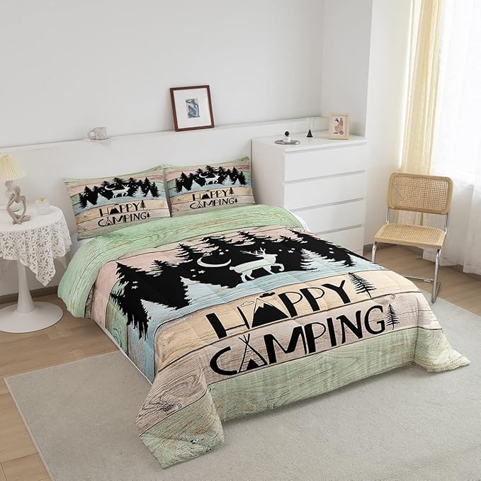 Camper Decor Quilt Bedding For Full Rustic Farmhouse Camping Comforter Set Woodland Animal Deer Rv accessories Bedding Sets Gifts For Teen Boys Girls Black Green Wooden Board Bunks Decor 2 Pillowcases