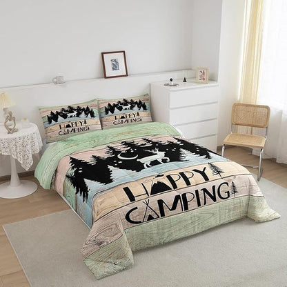 Kids Happy Camping Comforter Set King,Cute Deer Camper Bedding Set Rustic Farmhouse Woodland Animal Comforter for Boys Girls Old Barn Door Quilted Duvet Star Moon Pine Tree Decor 3 Pcs Black Green