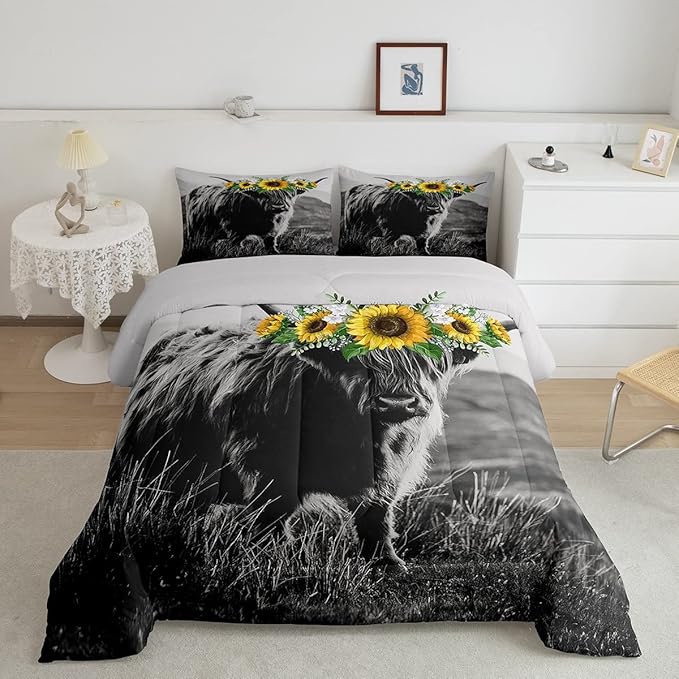 Highland Cow Comforter Set Twin Size Bull Cattle Flower Down Comforter Yellow Sunflower Western Funny Animal Cow Print Quilted Duvet Wild Animal Farmhouse Cow Bedding Comforters, with 1 Pillowcase