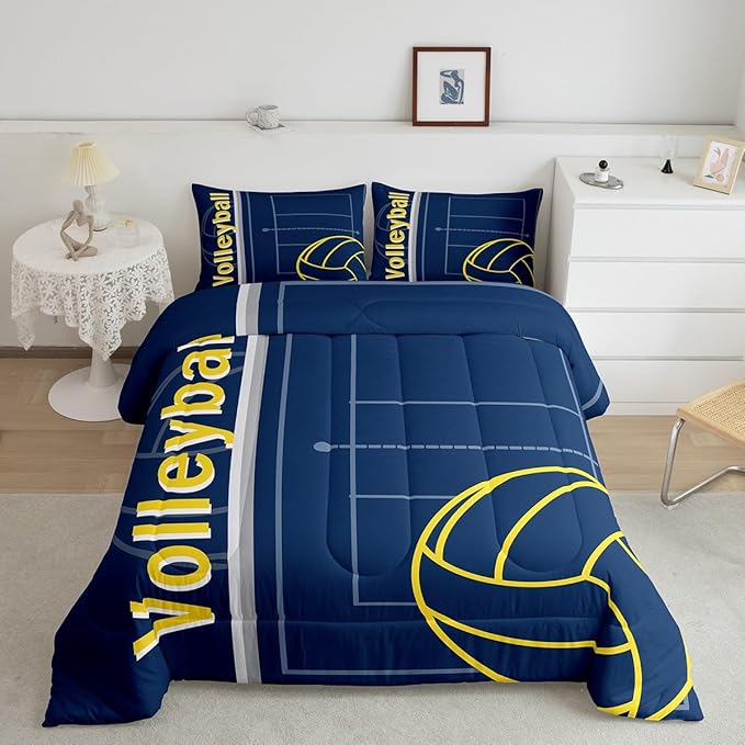 Feelyou Volleyball Bedding Set Twin Size Sports Game Comforter Set for Kids Boys Girls Decor Volleyball Player Comforter Microfiber Blue Yellow Duvet Set Bedroom Quilt Set