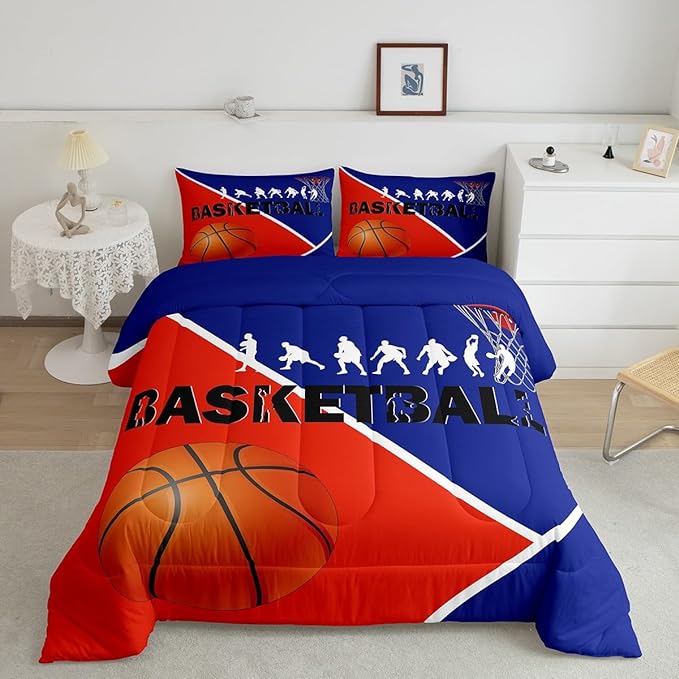 Erosebridal Basketball Full Bedding Sets for Boys Girls Basketball Player Comforter Set Sports Bedding Comforter Sets for Kids Teen Orange Blue Geometric Quilt Duvet 2 Pillow Cases Bedroom Dorm Decor