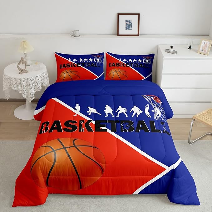 Erosebridal Basketball King Bedding Sets for Boys Girls Basketball Player Comforter Set Sports Bedding Comforter Sets for Kids Teen Orange Blue Geometric Quilt Duvet 2 Pillow Cases Bedroom Dorm Decor