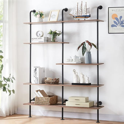 HOMISSUE Industrial Bookshelf 5-Tier Open Wall Mount Ladder Bookshelf, Modern Bookcase with Metal Frame and Wood Style for Home Office, Wall Mounted industrial Iron Pipe Shelf, Oak Brown