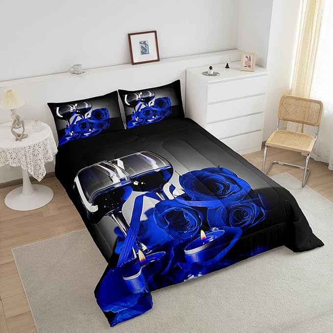 Girly 3D Rose Queen Comforter Set for Teens Rose Floral Wine Glass Bedding Sets Bedroom Decor Blue Flowers Down Comforter Couple Valentine's Day Duvet Insert Black Grey Quilted Comforter, 3Pcs
