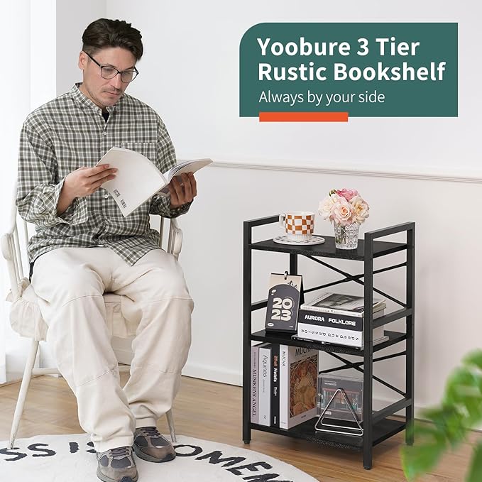 Yoobure Bookshelf Small Book Shelf, Solid Industrial 3 Tier Shelf Bookcase, Short Book Case for Bedroom, Living Room, Office Home, Small Spaces, Black