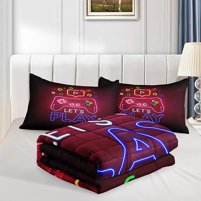 6 PCS Gamer Bedding Sets,Gaming Comforter Set for Boys,Kids Bedding Sets for Boys,Full Size Bedding Sets for Boys,Bed in A Bag with Sheets(Full,Red Color)