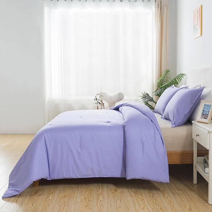 Lavender Purple Comforter Set Twin Size, Solid Luxury Down Alternative Soft Boho Bedding Comforter Set, Breathable Fluffy Microfiber Skin-friendly Comforter (68"x90") for All Seasons