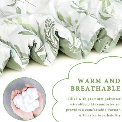 DILIMI Full Size Comforter Set for Girls, 5 Pieces Reversible Comforter Full Size, Ultra Soft Green Leaf Full Size Bed Comforter Sets with Sheet, Comforter, Flat Sheet, 2 Pillowcase