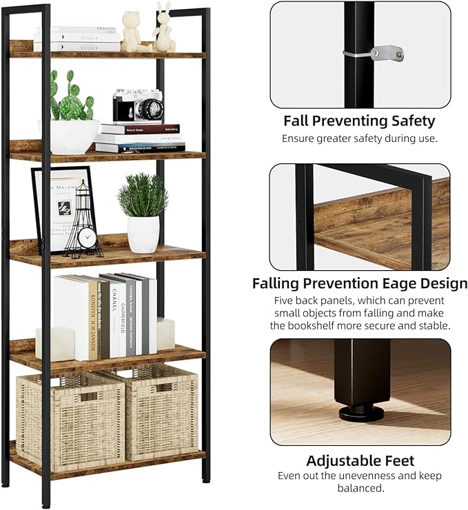 NUMENN Bookshelf, 5 Tier Bookshelves, Home Office Bookcase Shelf Storage Organizer, Free Standing Storage Shelving Unit for Bedroom, Living Room and Home Office, Vintage