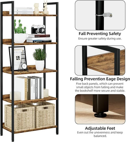 NUMENN Bookshelf, 5 Tier Bookshelves, Home Office Bookcase Shelf Storage Organizer, Free Standing Storage Shelving Unit for Bedroom, Living Room and Home Office, Vintage