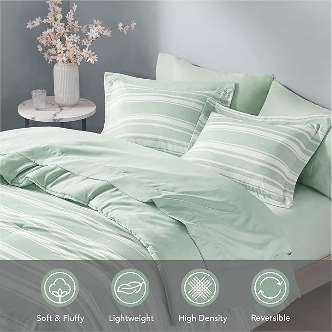 Codi Bed in a Bag Twin Size Complete Set, Sage Green White Striped Single Comforter Set 5 Piece for Teen, Modern Neutral Cationic Dyeing Bed Sets with Comforter, Sheets, Pillowcases & Shams