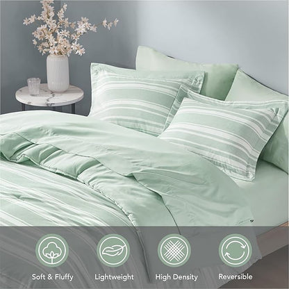 Codi Bed in a Bag Twin Size Complete Set, Sage Green White Striped Single Comforter Set 5 Piece for Teen, Modern Neutral Cationic Dyeing Bed Sets with Comforter, Sheets, Pillowcases & Shams
