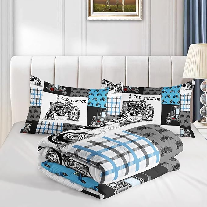 Axolotl Tractor Comforter Set Full Size,Cartoon Truck Car Comforter Set for Boys,Farm Excavator Bedding Set with Old Tractor for Kids Boys Teens Adult All Season,1 Quilt 2 Pillowcases