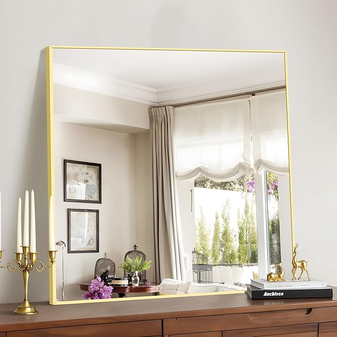 Gold Bathroom Mirror for Wall, 30x30 Inch Rectangle Mirrors with Metal Frame, Modern Vanity Wall Mirror Decor for Bathroom Living Room, Entryway Hangs Horizontal or Vertical