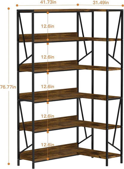 Bookshelf 6 Tier Corner Shelf, 77" Industrial Large Corner Etagere Bookcase, 6-Shelf Tall Corner L Shaped Storage Display Rack for Living Room Home Office