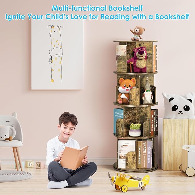 4 Tier Rotating Bookshelf kids, Small Corner Bookshelf for Small Space, 360 Display Floor Standing Bookcase Storage Rack, Wood Narrow Book Shelf Organizer for Home Office,Bedroom, Living Room