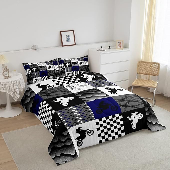 Dirt Bike Comforter Set, Motocross Rider Bedding Comforter Sets Full, Motorcycle Grunge Down Comforter For Kids Boys Adult Men, Motorbike Extreme Sport Game Comforter, Buffalo Plaid, Blue Grey Black
