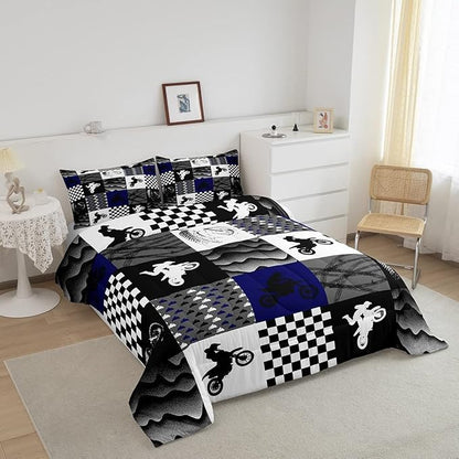 Dirt Bike Comforter Set, Motocross Rider Bedding Comforter Sets Twin, Motorcycle Grunge Down Comforter For Kids Boys Adult Men, Motorbike Extreme Sport Game Comforter, Buffalo Plaid, Blue Grey Black