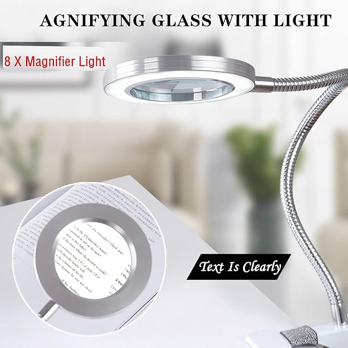 Magnifying Glass with Light and Stand, Desk Lamp LED light with USB Powered,Adjustable Flexible Gooseneck,clip on desktop & bed for Reading, Crafts;studio for Daily Hobbies Repairing.