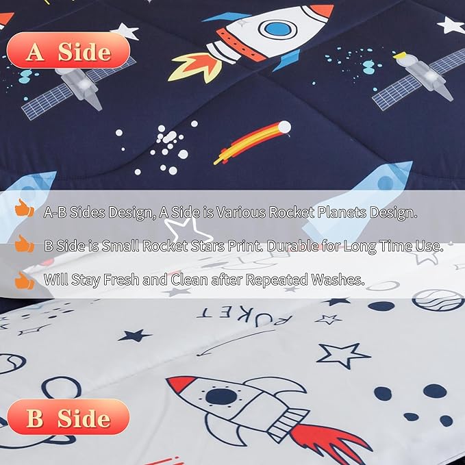 RYNGHIPY Kids Comforter Set Twin Size, Cute Space Rocket Bedding Set for Boys Girls, Space Themed Teen Boy Bedding (Space Rocket,Twin)