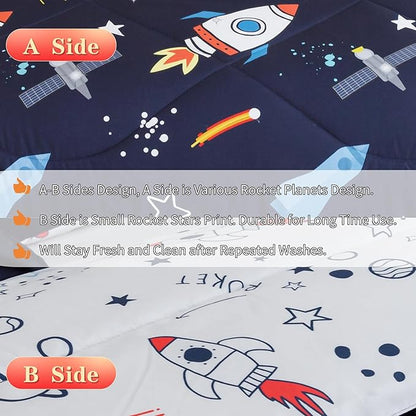 RYNGHIPY Kids Comforter Set Twin Size, Cute Space Rocket Bedding Set for Boys Girls, Space Themed Teen Boy Bedding (Space Rocket,Twin)