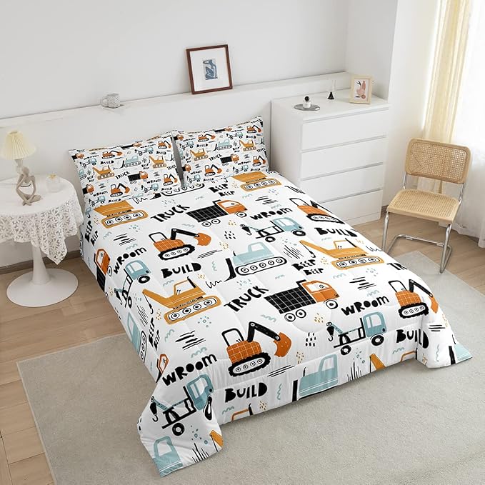 Feelyou Kids Cartoon Excavator Bedding Set Boys Vehicles Truck Car Comforter Child Cute Building Equipment Comforter Set Funny Construction Transport Duvet Set Colorful Room Decor Twin Size Boys