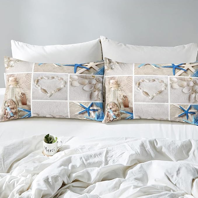 Erosebridal Beach Comforter Set, Ocean Themed Bedding Set Twin Size Coastal Nature Duvet Sets Starfish Love Heart Bedding Comforters for Kids Boys Girls Teens Adult Bedroom Decor