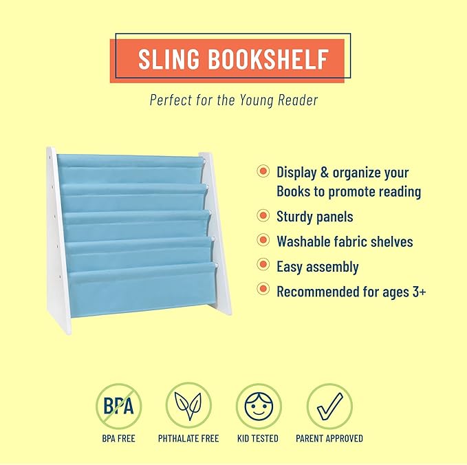 Wildkin Kids Canvas Sling Bookshelf for Boys and Girls, Wooden Design Features Four Fabric Shelves, Keep Bedrooms, Playrooms, and Classrooms Organized, an Ideal Kids Bookshelf (White w/Aqua)