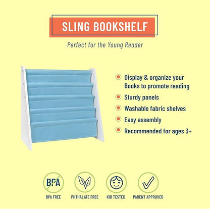 Wildkin Kids Canvas Sling Bookshelf for Boys and Girls, Wooden Design Features Four Fabric Shelves, Keep Bedrooms, Playrooms, and Classrooms Organized, an Ideal Kids Bookshelf (White w/Aqua)