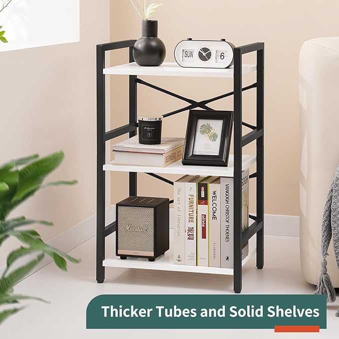 Yoobure Bookshelf Small Book Shelf, Solid Industrial 3 Tier Shelf Bookcase, Short Book Case for Bedroom, Living Room, Office Home, Small Spaces, White