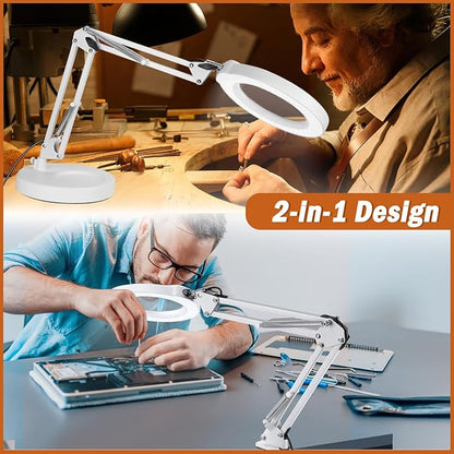 Veemagni 10X Magnifying Glass with Light, 5 Color Modes Stepless Dimmable 2-in-1 Desk Lamp and Clamp, LED Lighted Magnifier with Light and Stand, Hands Free for Craft Hobby Painting Close Work - White