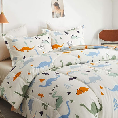 Joyreap 3pcs Cotton Comforter Set for Kids, Dinosaur Twin Size Cotton Bedding Comforter for Boys Girls, White n Orange Reversible Design, Soft n Cozy Comforter for All Season- 68x88 inches