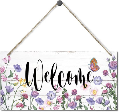 Welcome Decor Sign, Hanging Wood Sign Home Decorative, Printed Wood Wall Art Sign, Flower Welcome Sign, Yard Garden Welcome Sign, Porch Decor Sign, Farmhouse Front Door Decor Sign 12 * 6inch